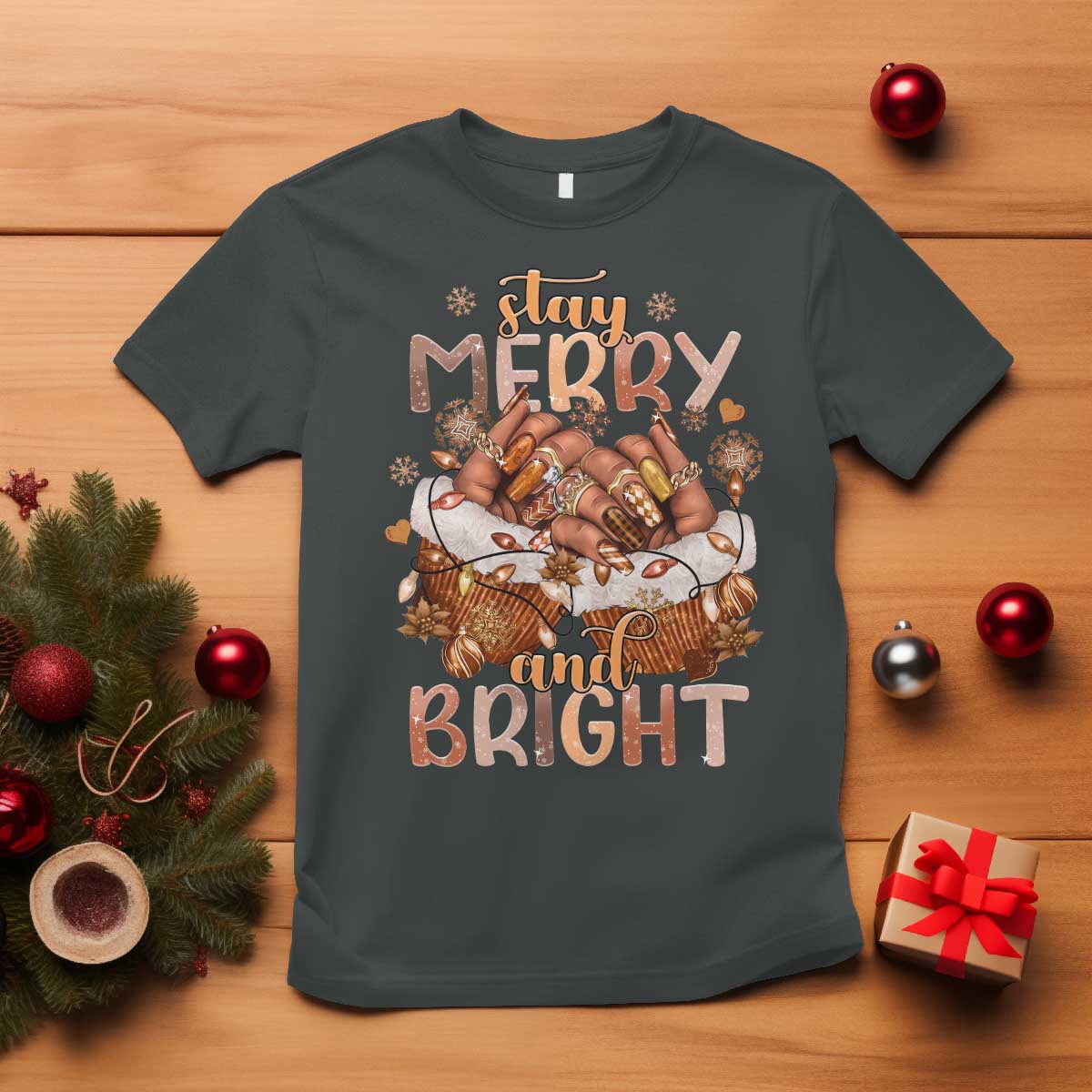 Funny African American Christmas T Shirt Stay Merry And Bright Black Melanin Girl TS11 Dark Heather Print Your Wear