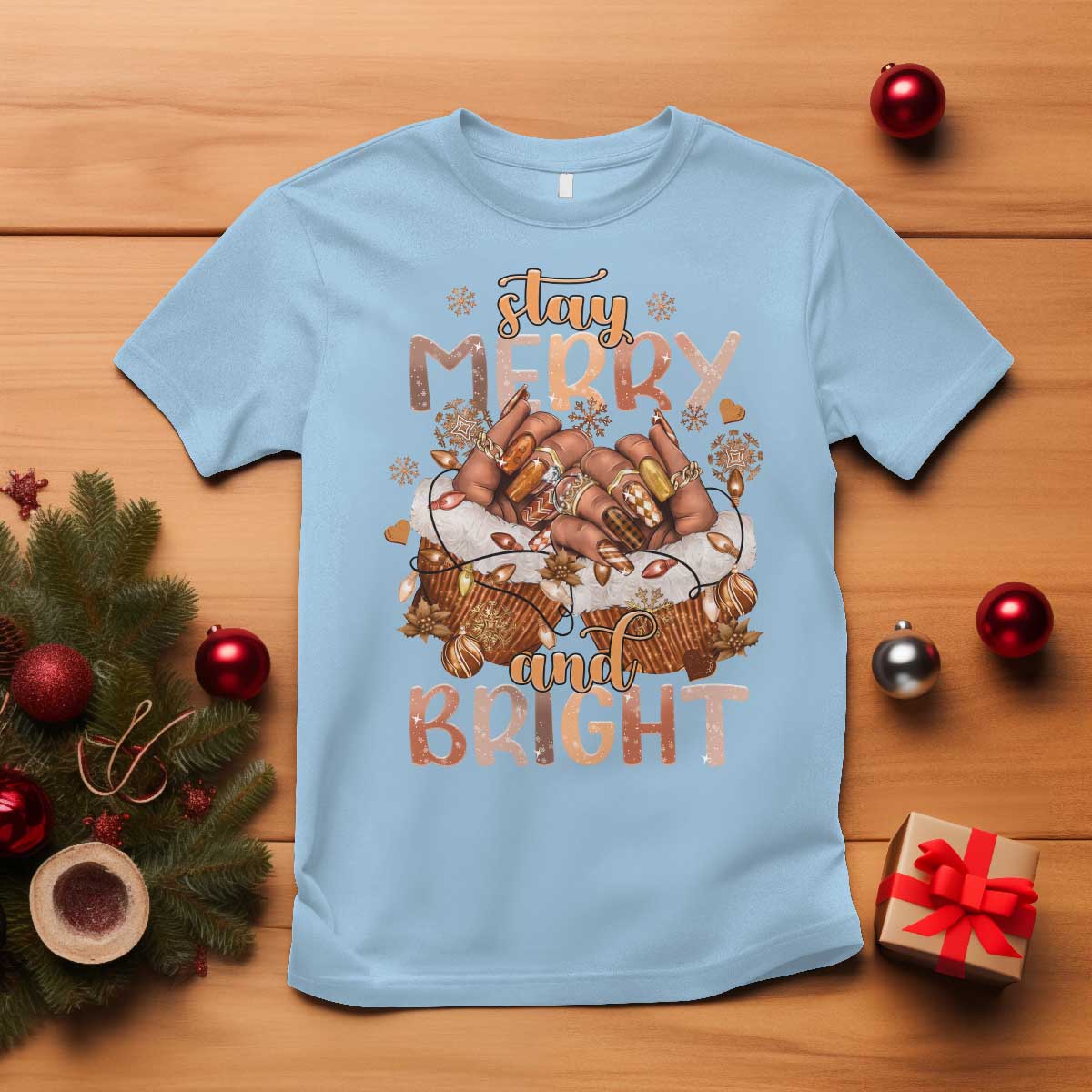 Funny African American Christmas T Shirt Stay Merry And Bright Black Melanin Girl TS11 Light Blue Print Your Wear