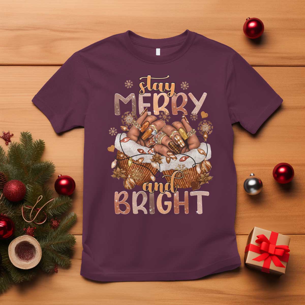 Funny African American Christmas T Shirt Stay Merry And Bright Black Melanin Girl TS11 Maroon Print Your Wear