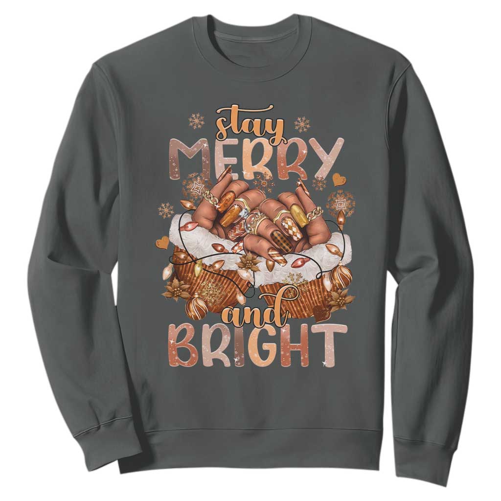 Funny African American Christmas Sweatshirt Stay Merry And Bright Black Melanin Girl TS11 Dark Heather Print Your Wear