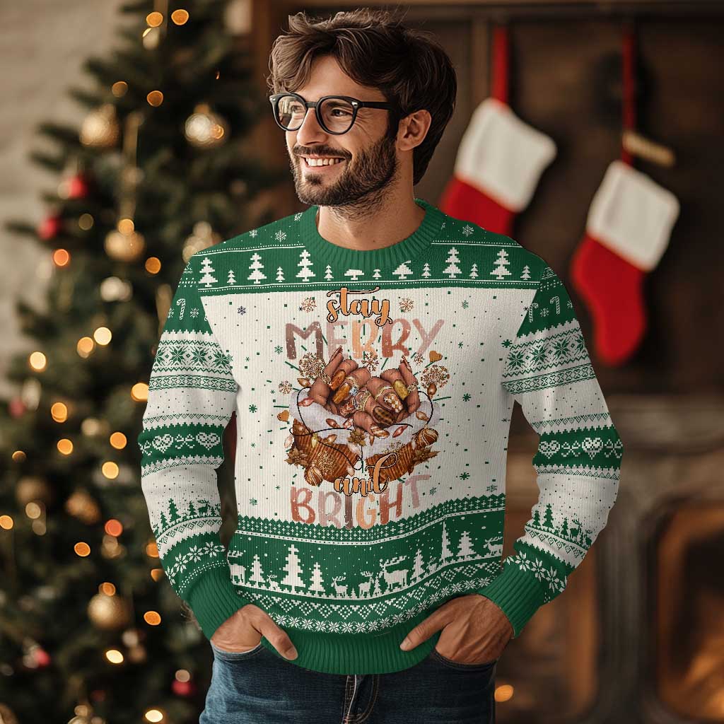 Funny African American Xmas Ugly Christmas Sweater Stay Merry And Bright Black Melanin Girl TS11 Green Print Your Wear