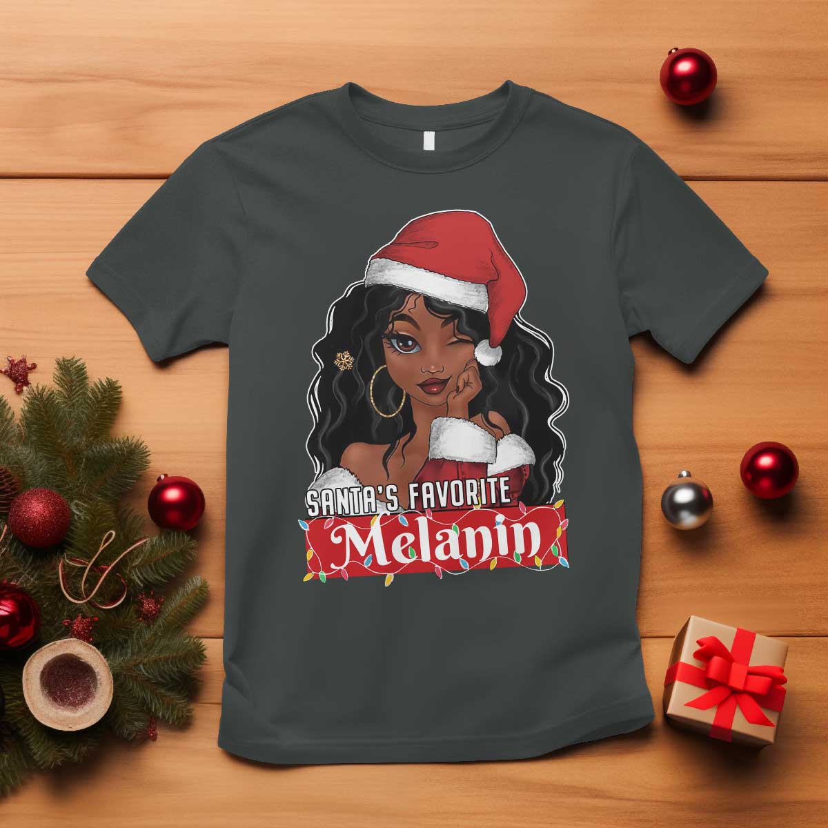 African American Christmas T Shirt Santa's Favorite Melanin Santa Girl TS11 Dark Heather Print Your Wear