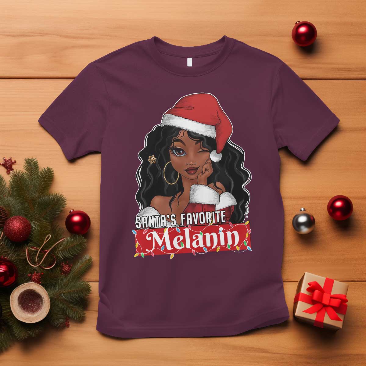 African American Christmas T Shirt Santa's Favorite Melanin Santa Girl TS11 Maroon Print Your Wear
