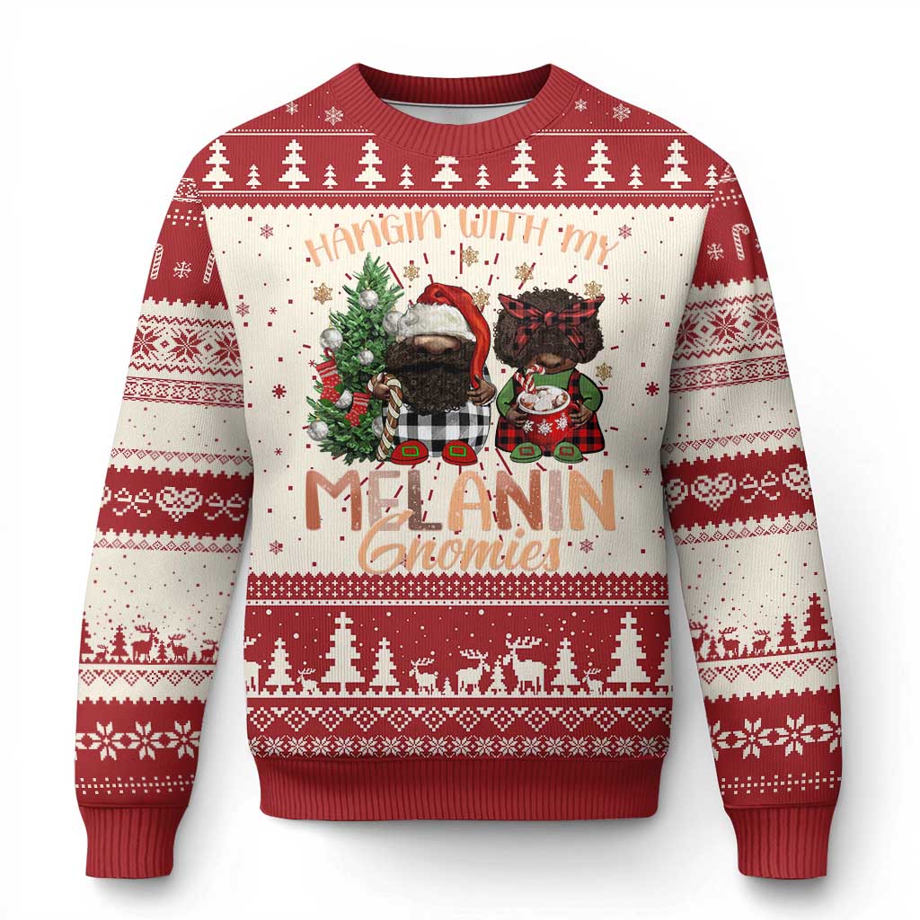 Funny African American Xmas Ugly Christmas Sweater Hangin With My Melanin Gnomies Afro Gnomes TS11 Red Print Your Wear