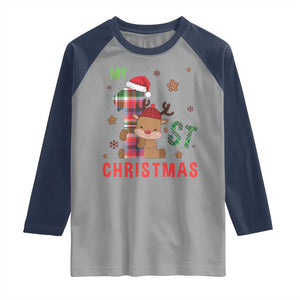 My First Christmas Cute Reindeer Santa Hat Raglan Shirt TS11 Sport Gray Navy Print Your Wear