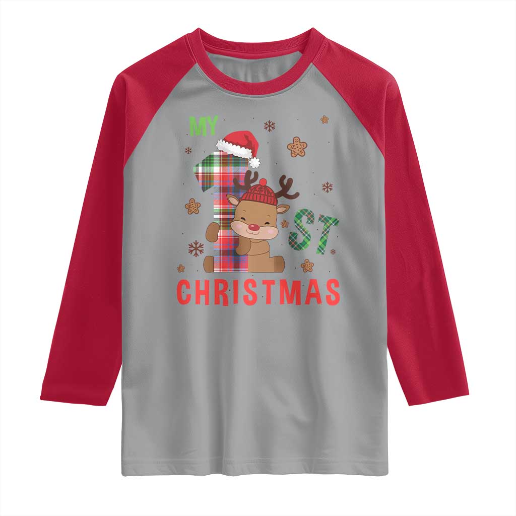 My First Christmas Cute Reindeer Santa Hat Raglan Shirt TS11 Sport Gray Red Print Your Wear