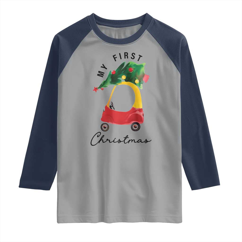 My First Christmas Raglan Shirt Toy Car Xmas Tree TS11 Sport Gray Navy Print Your Wear