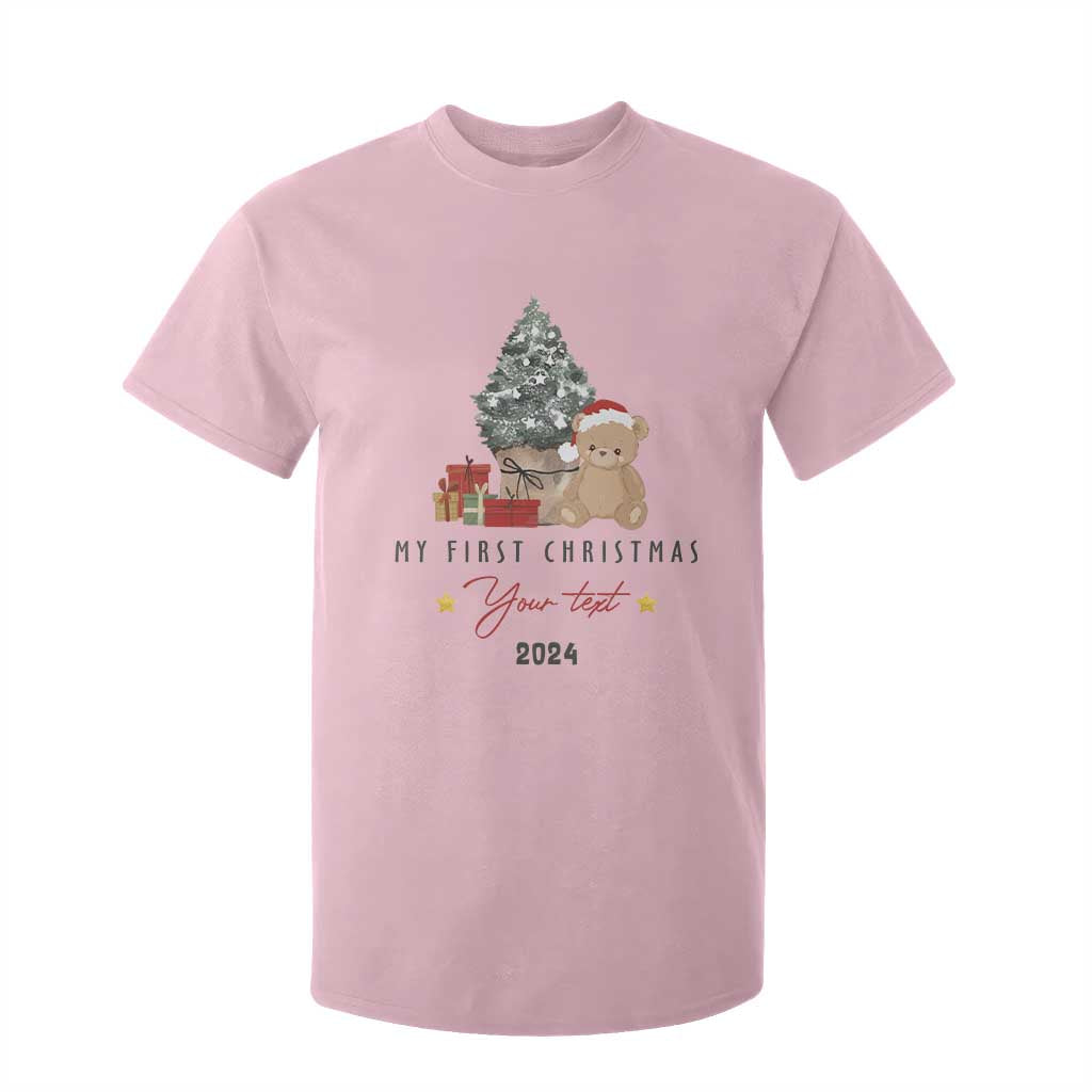 Personalized First Christmas T Shirt For Kid Custom Name Toys Xmas Tree TS11 Light Pink Print Your Wear