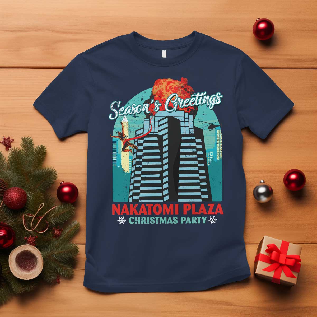 Christmas Nakatomi Plaza T Shirt Season's Greeting Christmas Party Hans Gruber TS11 Navy Print Your Wear