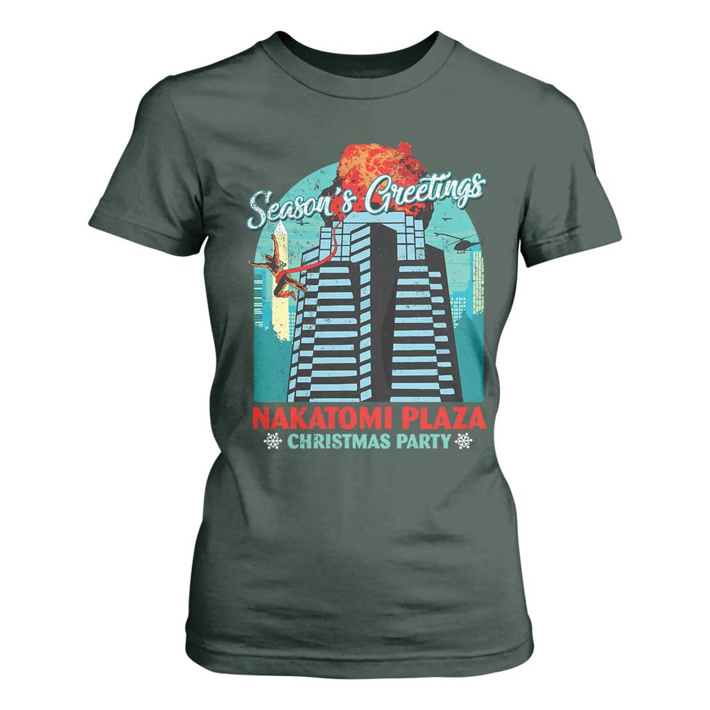Christmas Nakatomi Plaza T Shirt For Women Season's Greeting Christmas Party Hans Gruber TS11 Dark Forest Green Print Your Wear