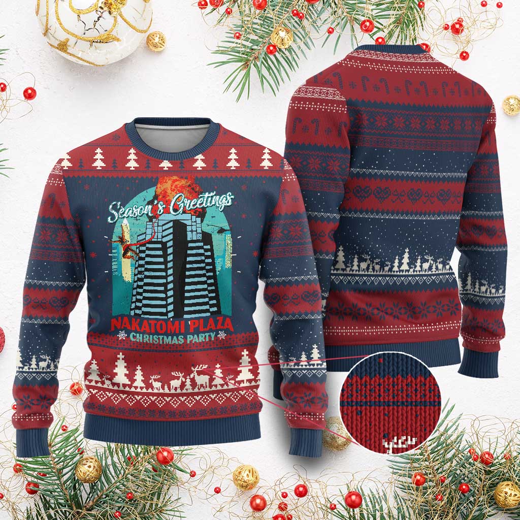 Funny Nakatomi Plaza Ugly Christmas Sweater Season's Greeting Xmas Party Hans Gruber TS11 Burgundy Print Your Wear