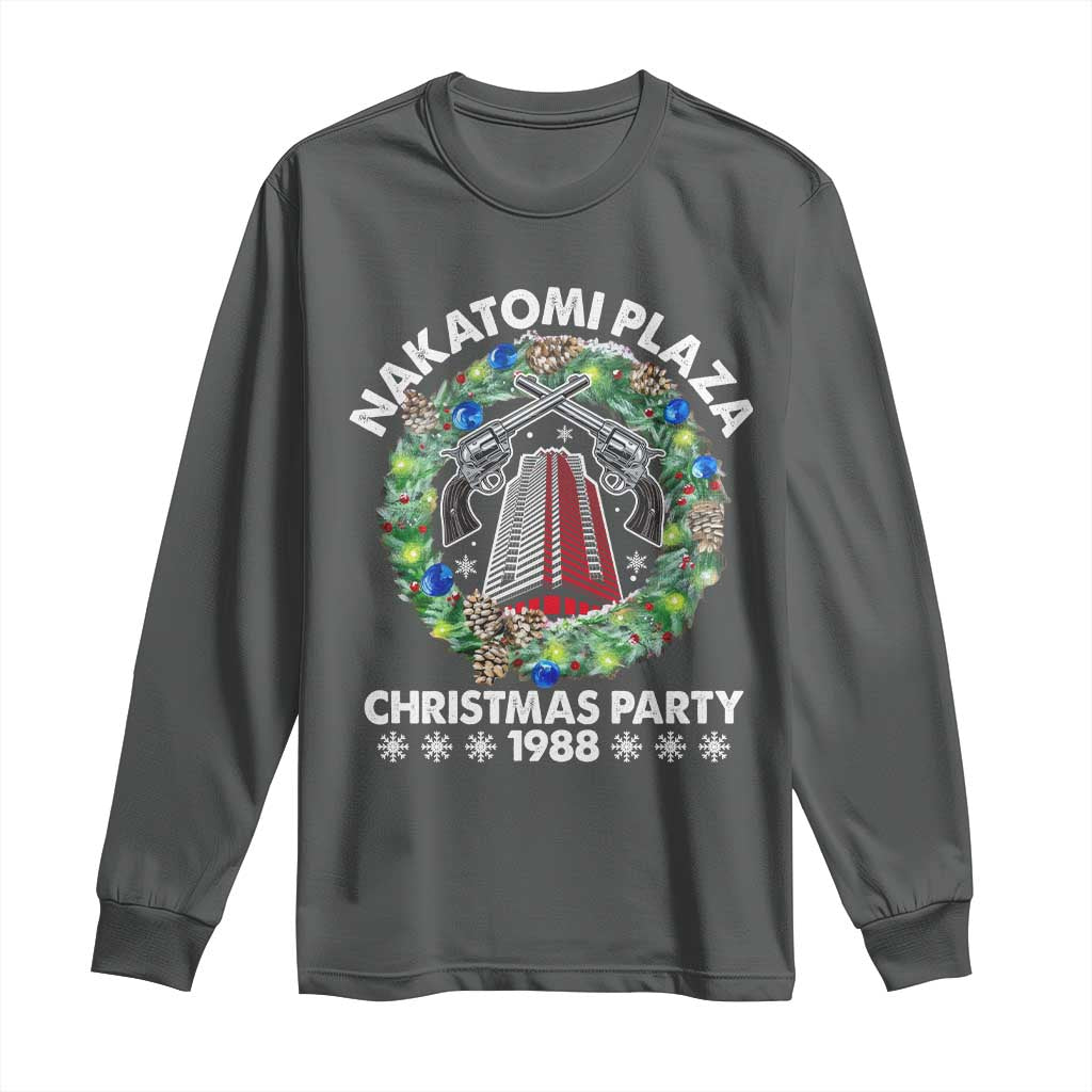 Christmas Nakatomi Plaza Long Sleeve Shirt Christmas Party 1988 Xmas Wreath TS11 Dark Heather Print Your Wear