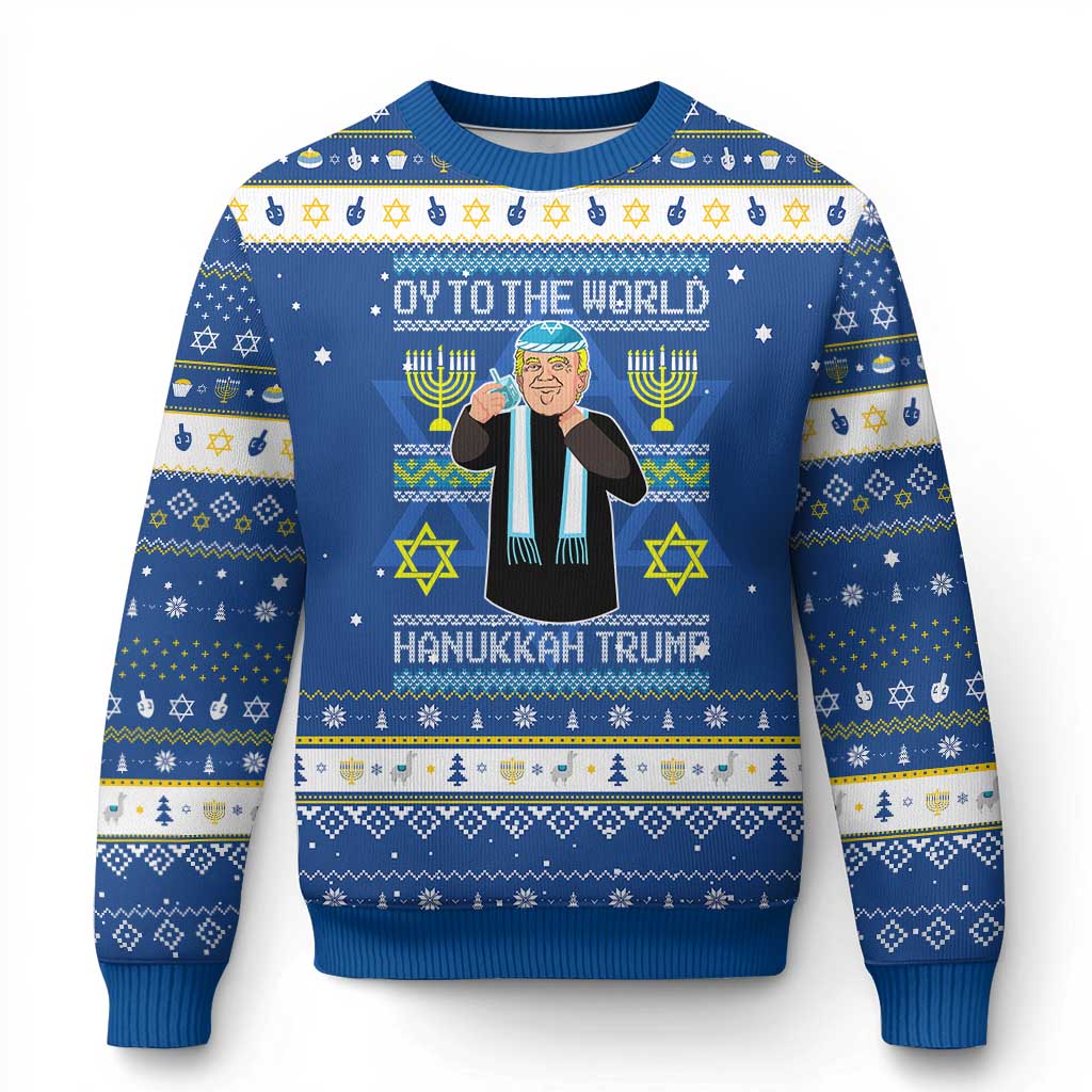 Funny Trump Hanukkah Ugly Sweater Oy To The World Menorah David Stars TS11 Blue White Print Your Wear