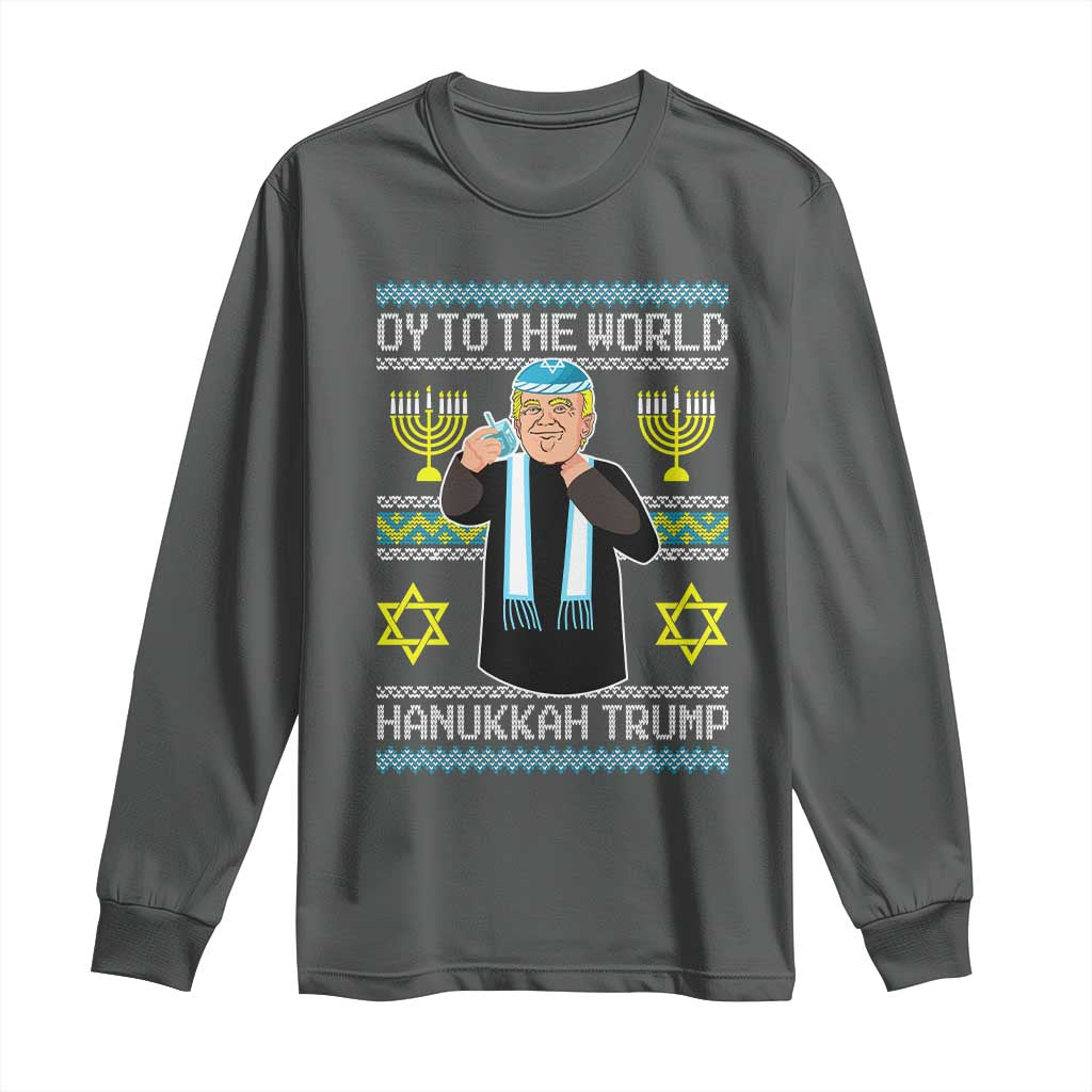 Funny Hanukkah Trump Long Sleeve Shirt Oy To The World Menorah David Stars TS11 Dark Heather Print Your Wear