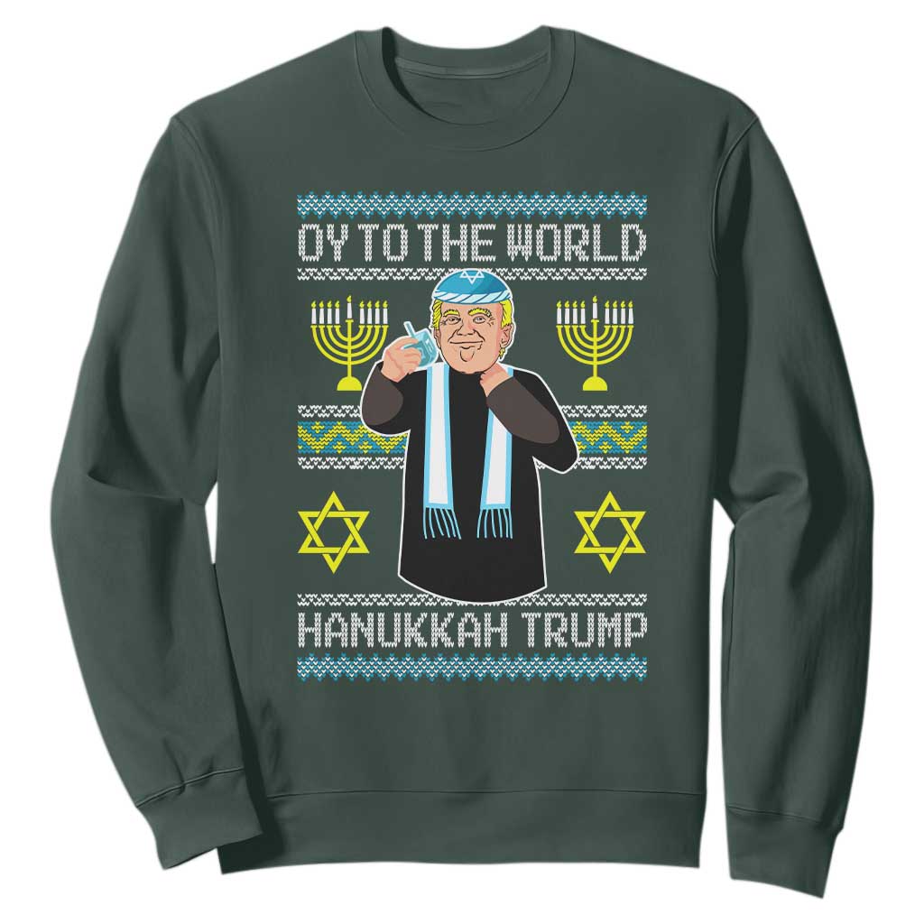 Funny Hanukkah Trump Sweatshirt Oy To The World Menorah David Stars TS11 Dark Forest Green Print Your Wear
