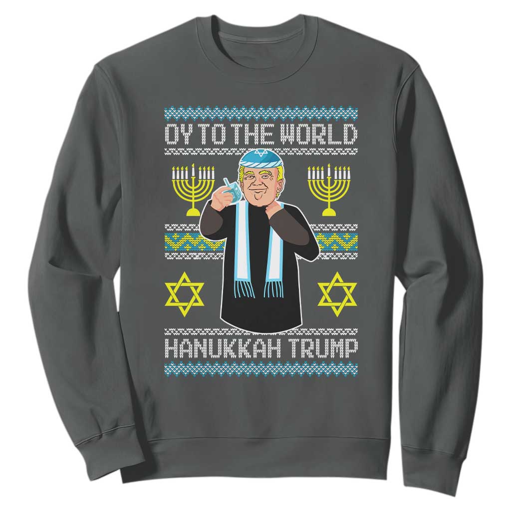 Funny Hanukkah Trump Sweatshirt Oy To The World Menorah David Stars TS11 Dark Heather Print Your Wear