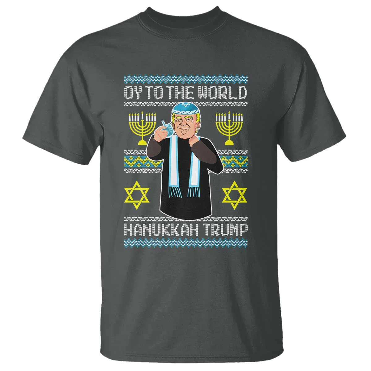 Funny Hanukkah Trump T Shirt Oy To The World Menorah David Stars TS11 Dark Heather Print Your Wear