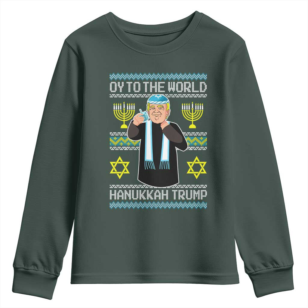 Funny Hanukkah Trump Youth Sweatshirt Oy To The World Menorah David Stars TS11 Dark Forest Green Print Your Wear