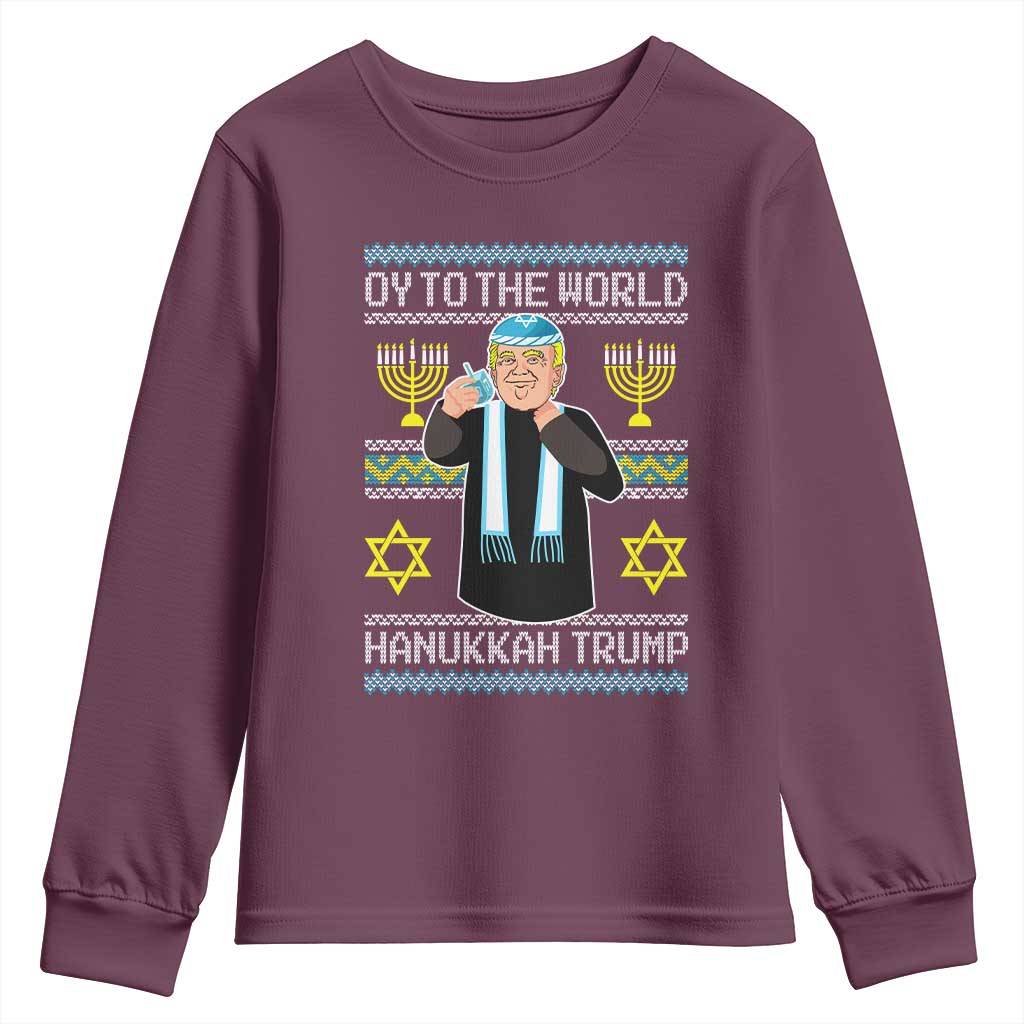 Funny Hanukkah Trump Youth Sweatshirt Oy To The World Menorah David Stars TS11 Maroon Print Your Wear