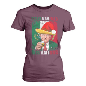 Christmas In Mexico Trump T Shirt For Women Feliz Navidad Mis Amigos Santa Trump Tequila Shot TS11 Maroon Print Your Wear