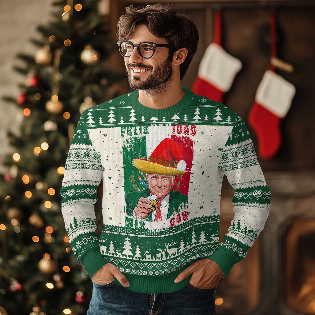 Xmas In Mexico Trump Ugly Christmas Sweater Feliz Navidad Mis Amigos Santa Trump Tequila Shot TS11 Green Print Your Wear