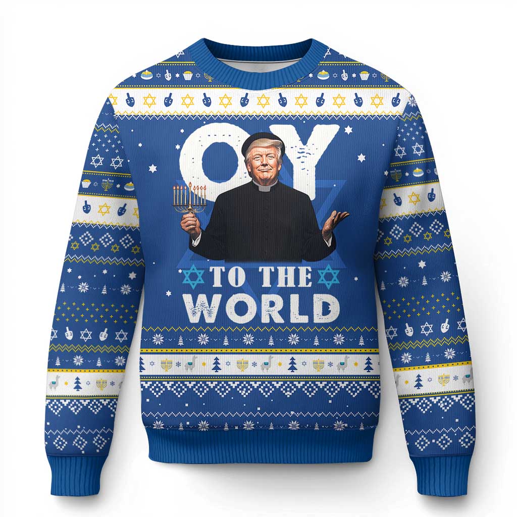 Funny Oy To The World Trump Hanukkah Ugly Sweater Menorah David Stars Chanukah Jewish TS11 Blue White Print Your Wear