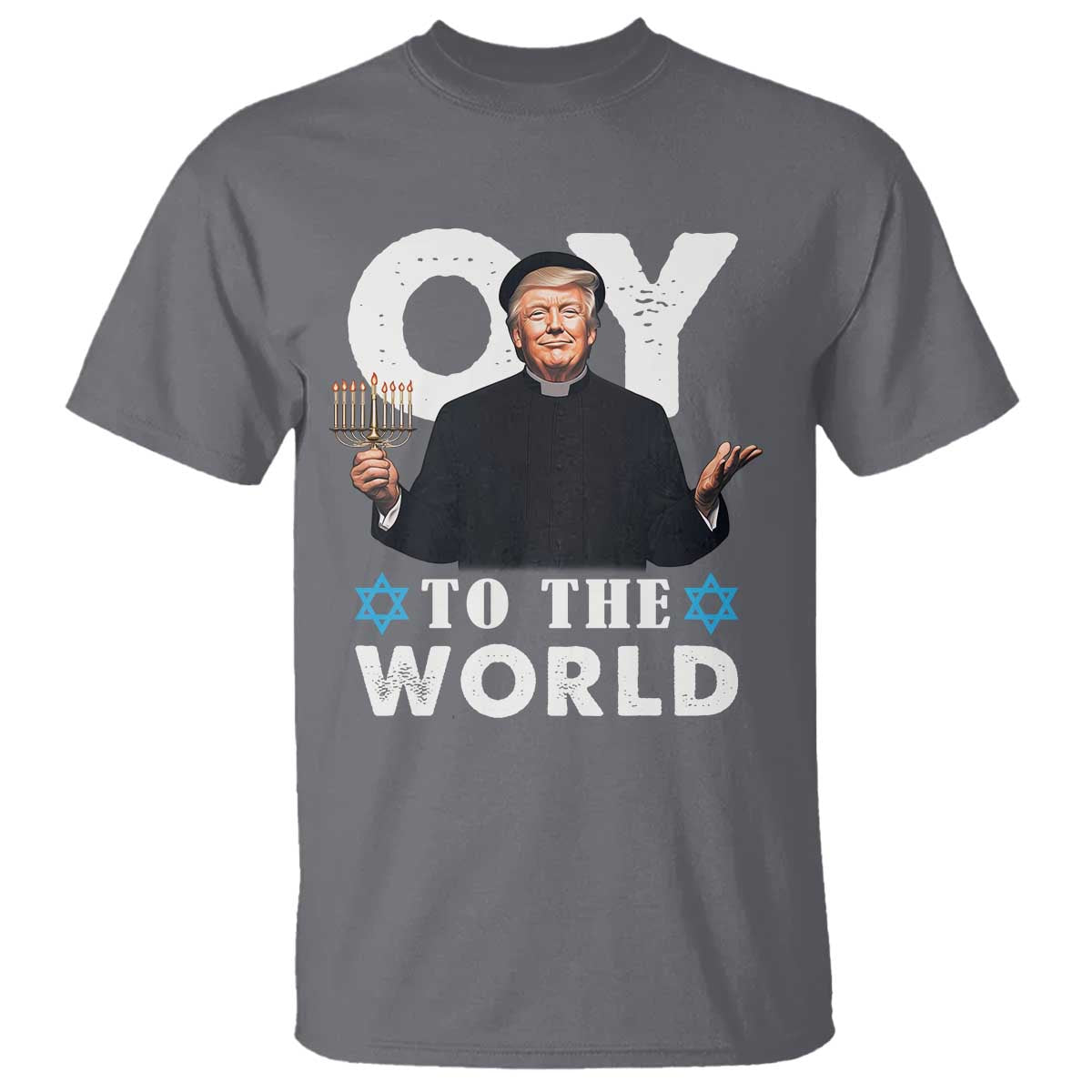 Funny Oy To The World Hanukkah Trump T Shirt Menorah David Stars Chanukah Jewish TS11 Charcoal Print Your Wear