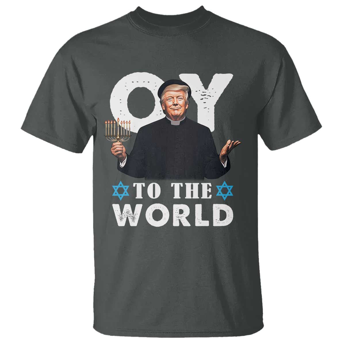 Funny Oy To The World Hanukkah Trump T Shirt Menorah David Stars Chanukah Jewish TS11 Dark Heather Print Your Wear