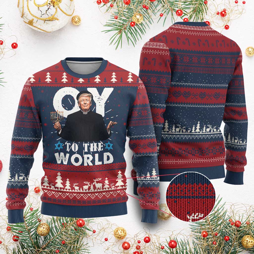 Funny Oy To The World Hanukkah Trump Ugly Christmas Sweater Menorah David Stars Chanukah Jewish TS11 Burgundy Print Your Wear