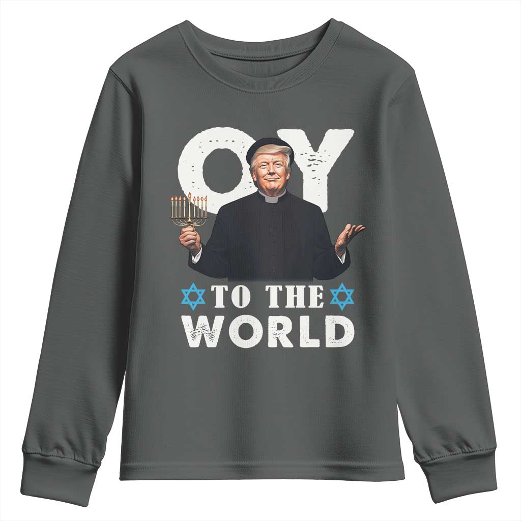 Funny Oy To The World Hanukkah Trump Youth Sweatshirt Menorah David Stars Chanukah Jewish TS11 Dark Heather Print Your Wear