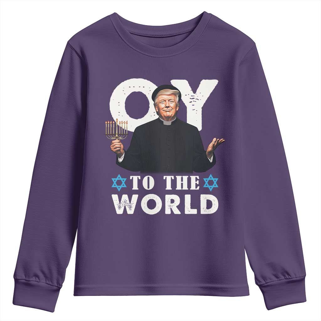 Funny Oy To The World Hanukkah Trump Youth Sweatshirt Menorah David Stars Chanukah Jewish TS11 Purple Print Your Wear