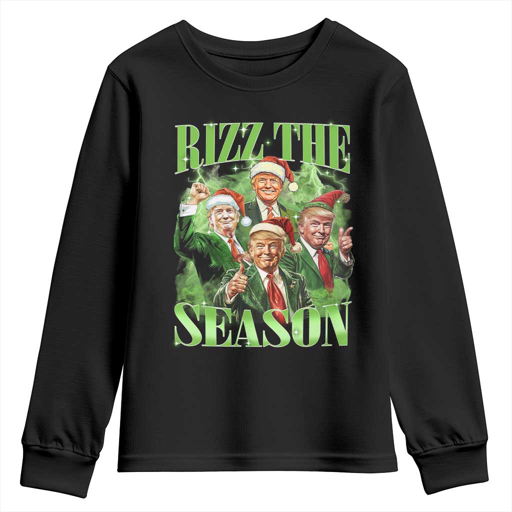 Funny Trump Christmas Youth Sweatshirt Rizz The Season Santa Trump Elf 47th US President TS11 Black Print Your Wear