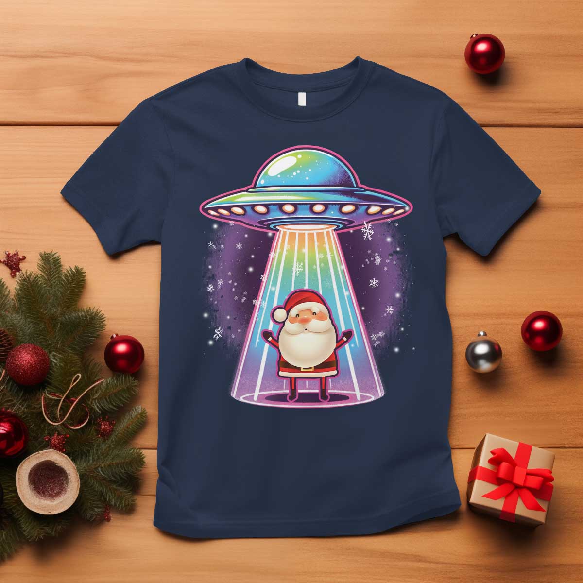 Funny Christmas Santa Alien Neon UFO T Shirt TS11 Navy Print Your Wear