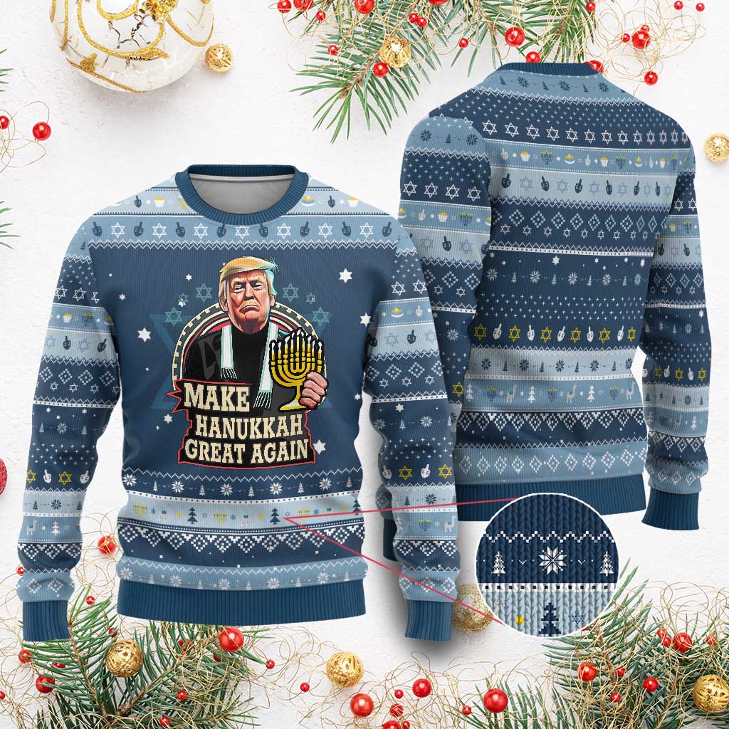Funny Chanukah Trump Hanukkah Ugly Sweater Make Chanukah Great Again Menorah David Stars TS11 Navy Light Blue Print Your Wear