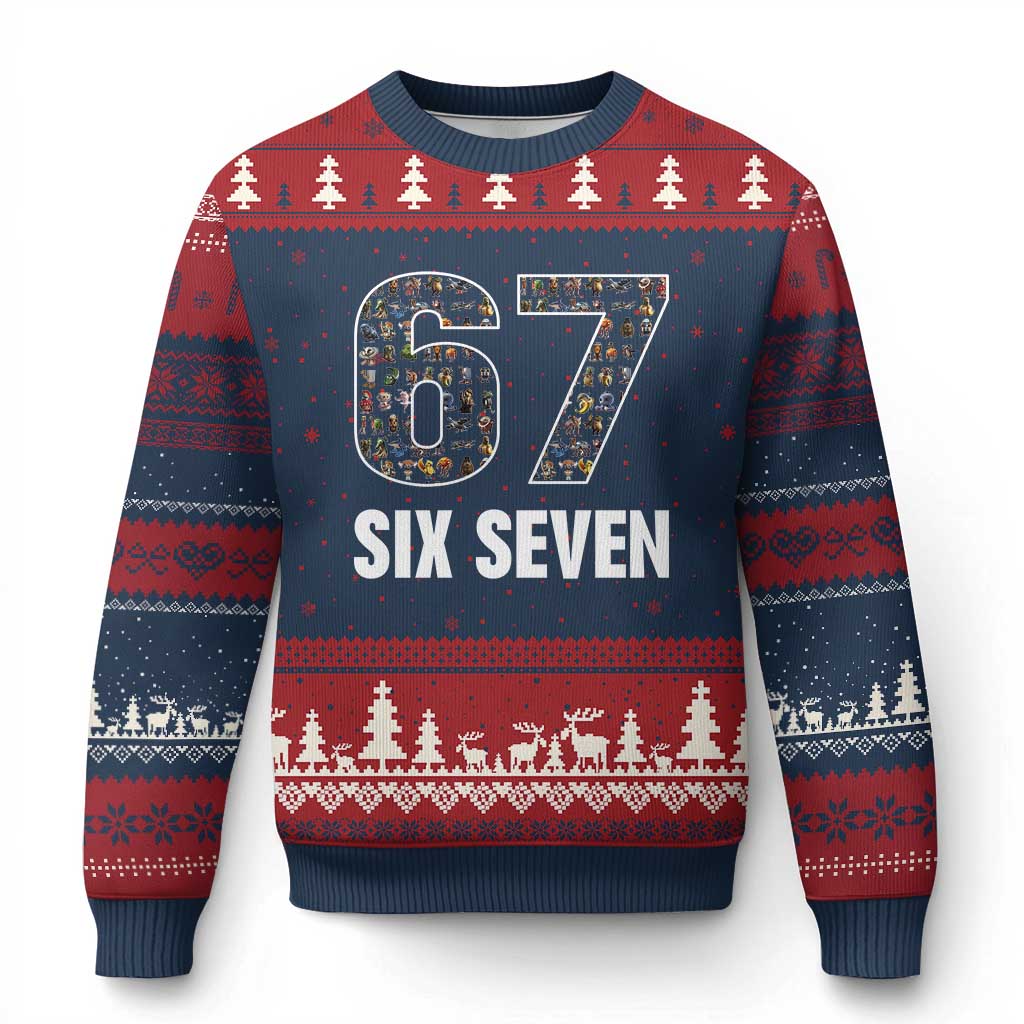 Funny 67 Six Seven Italian Brainrot Gen Alpha Meme Ugly Christmas Sweater TS11 Navy Red Print Your Wear