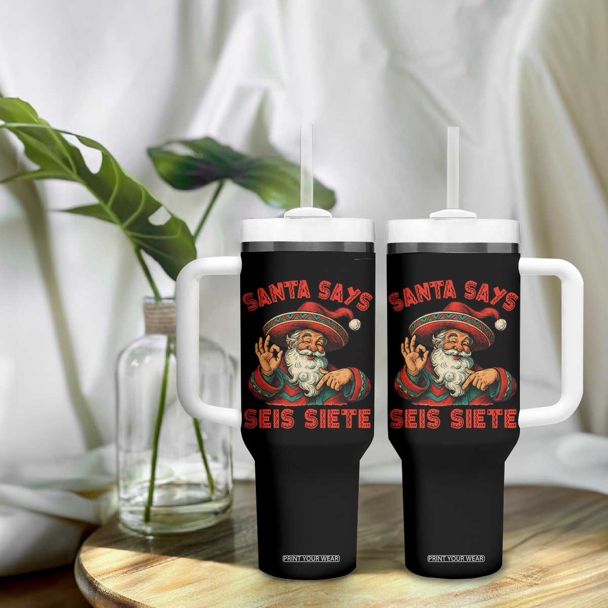 Funny Mexican Christmas 67 Tumbler With Handle Santa Says Seis Siete Cholo Claus - Print Your Wear