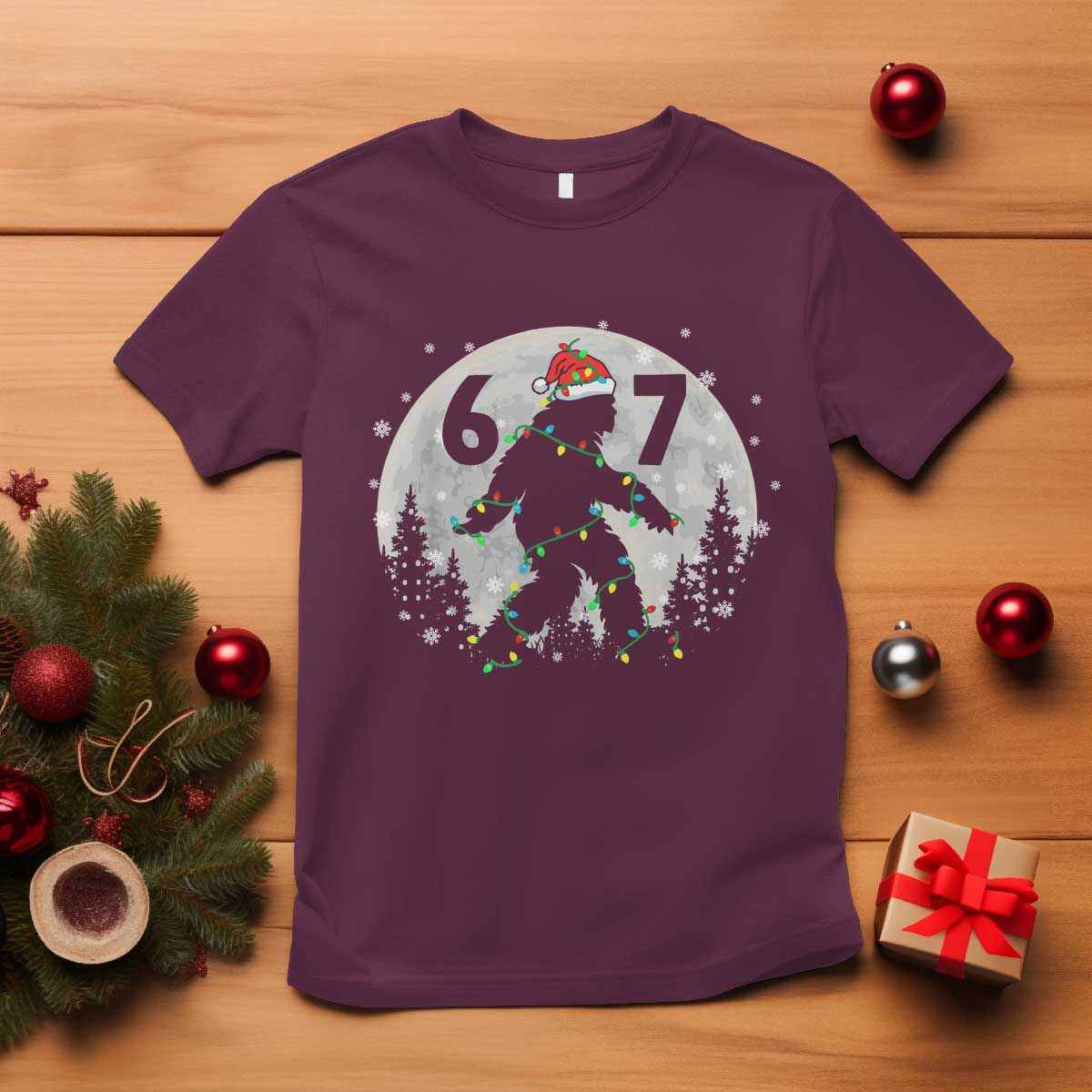 Funny Bigfoot 67 Christmas Night Stroll Moon Sasquatch T Shirt TS11 Maroon Print Your Wear
