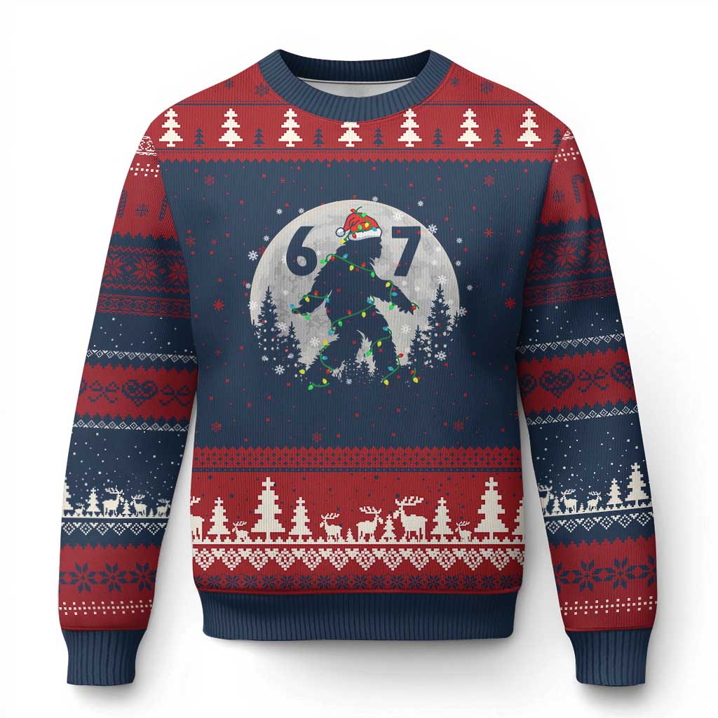 Funny Bigfoot 67 Christmas Night Stroll Moon Sasquatch Ugly Christmas Sweater TS11 Navy Red Print Your Wear