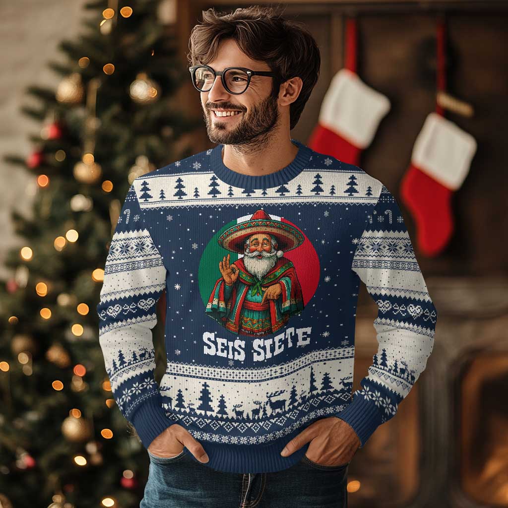 Funny Mexican Xmas 67 Ugly Christmas Sweater Seis Siete Santa In Mexico TS11 Navy Beige Print Your Wear