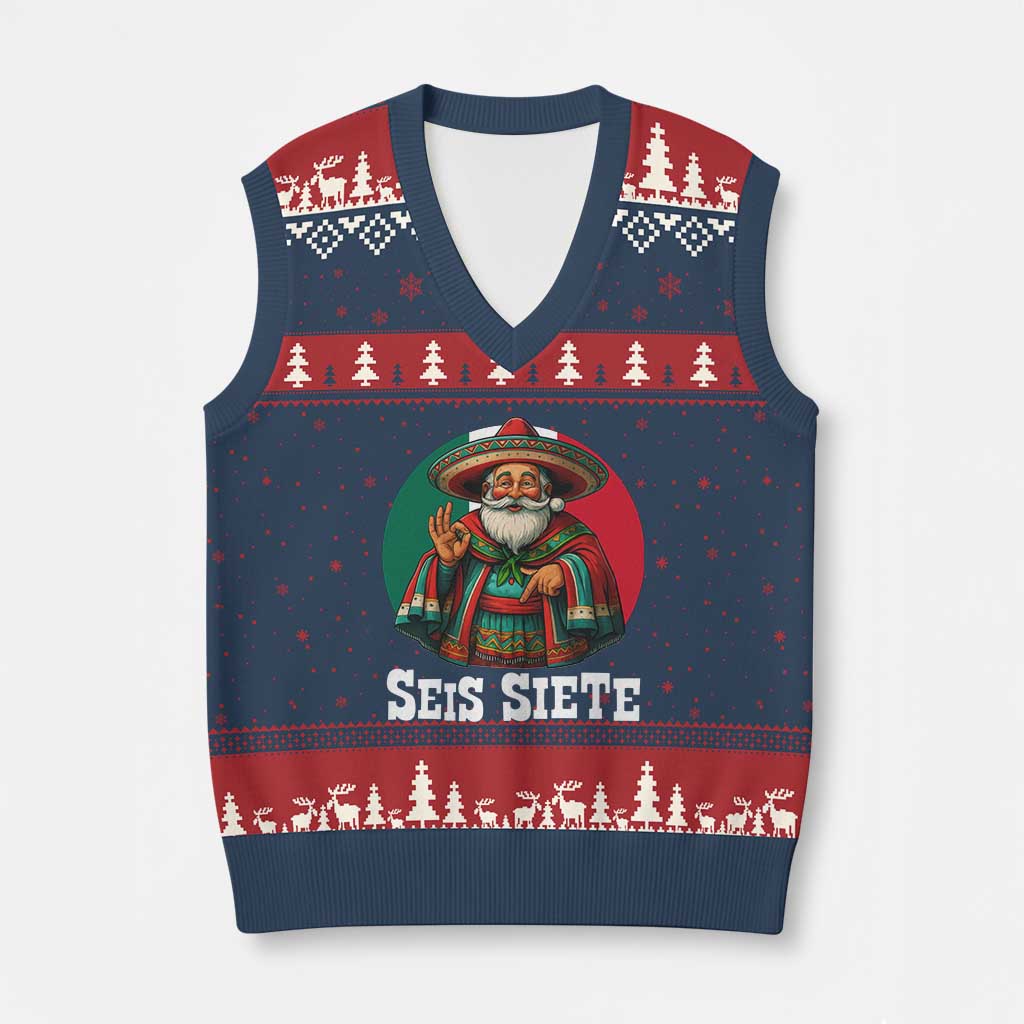 Funny Mexican Xmas 67 V-Neck Knit Sweater Vest Seis Siete Santa In Mexico TS11 Navy Red Print Your Wear
