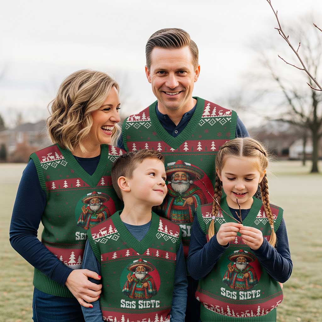 Funny Mexican Xmas 67 V-Neck Knit Sweater Vest Seis Siete Santa In Mexico TS11 Red Green Print Your Wear