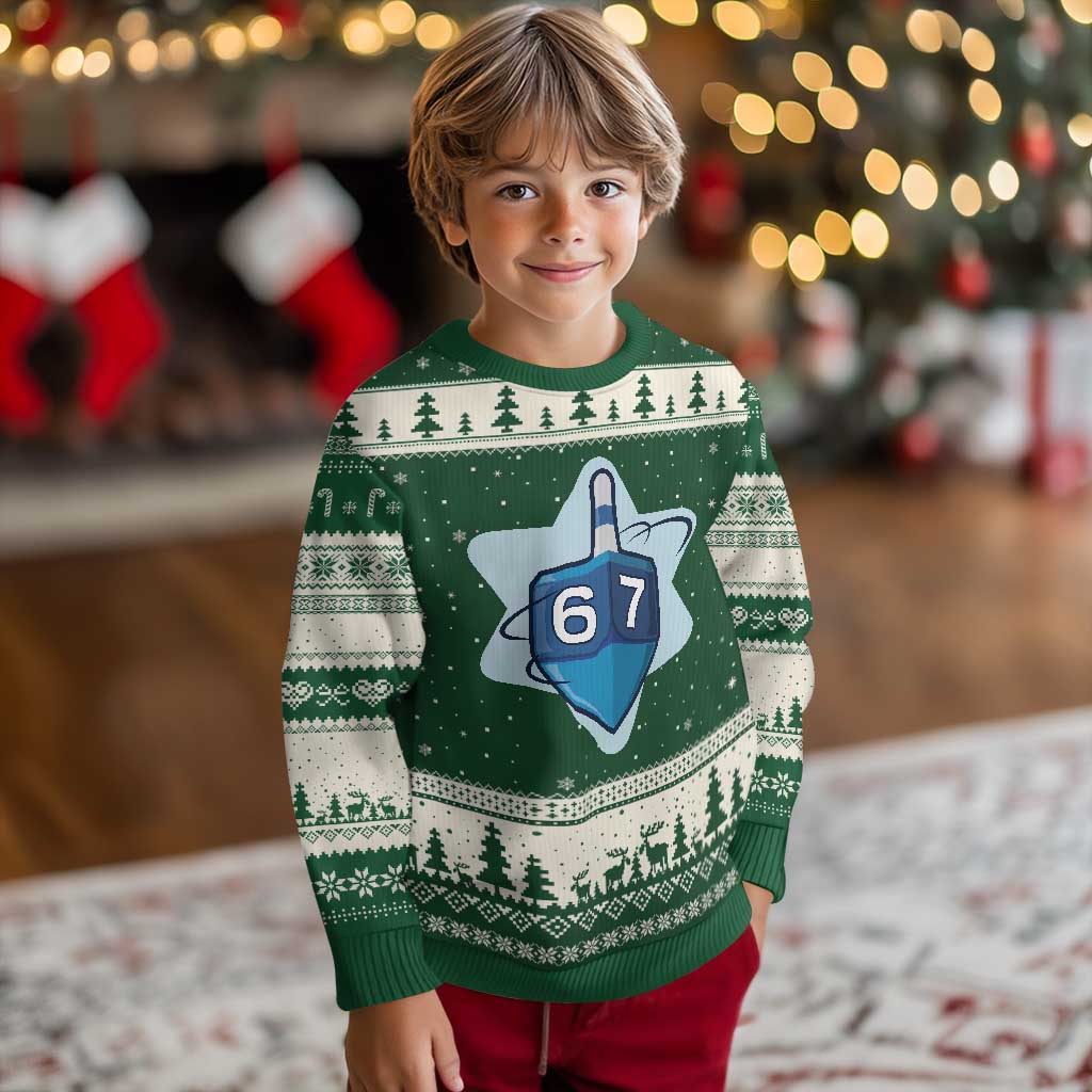 Funny Hanukkah 67 Ugly Christmas Sweater Six Seven Meme Dreidel Star Of David TS11 Forest Green Beige Print Your Wear