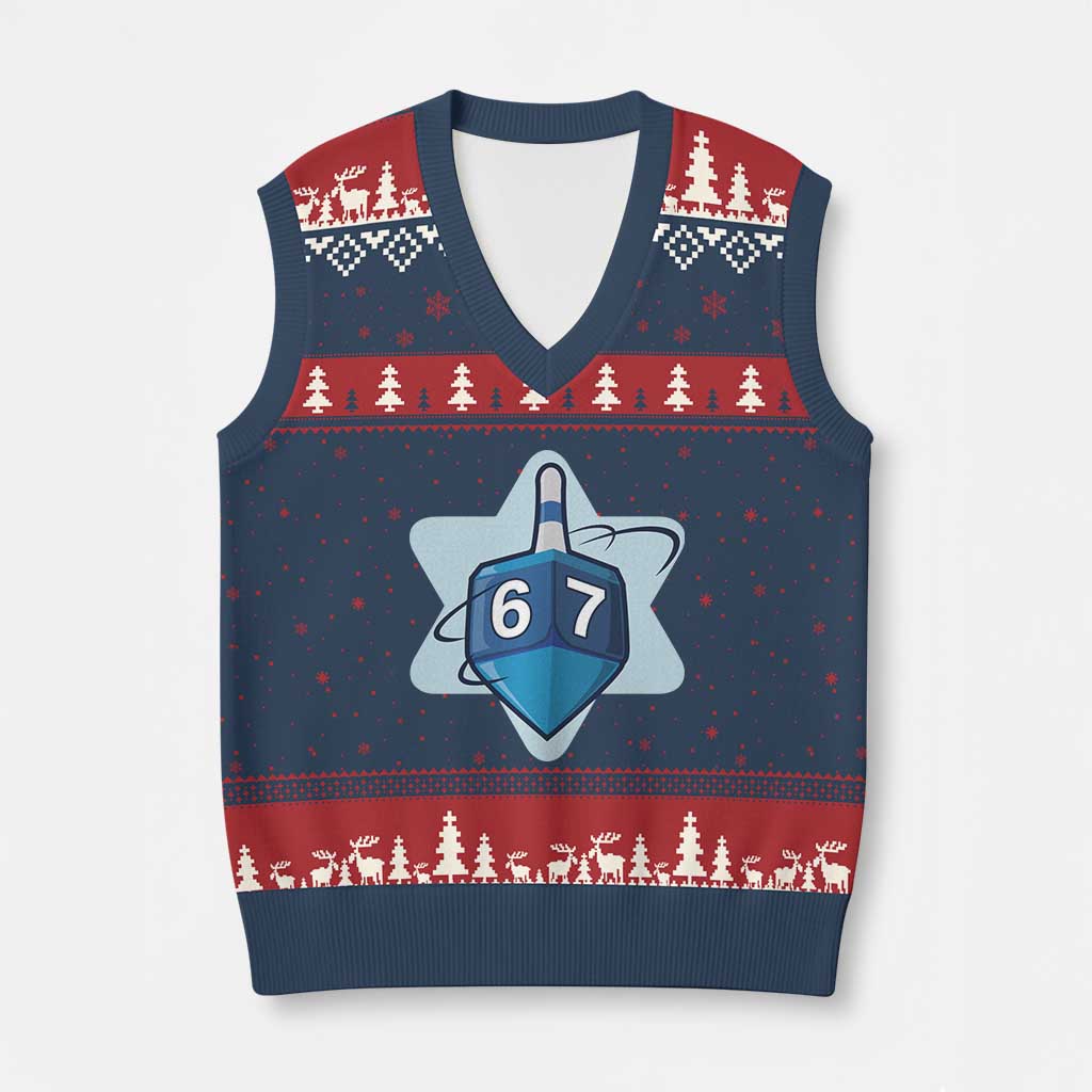 Funny Hanukkah 67 V-Neck Knit Sweater Vest Six Seven Meme Dreidel Star Of David TS11 Navy Red Print Your Wear