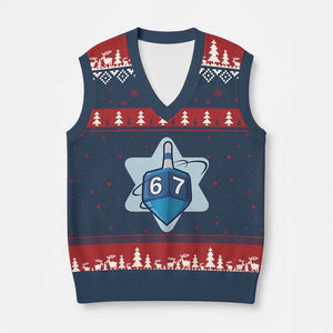Funny Hanukkah 67 V-Neck Knit Sweater Vest Six Seven Meme Dreidel Star Of David TS11 Navy Red Print Your Wear