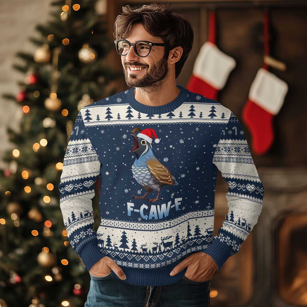 Funny F Caw F Quail Xmas Ugly Christmas Sweater Cartoon Quail Bird Santa Hat Poultry Humor TS11 Navy Beige Print Your Wear