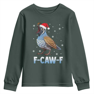 Funny F Caw F Quail Christmas Youth Sweatshirt Cartoon Quail Bird Santa Hat Poultry Humor TS11 Dark Forest Green Print Your Wear
