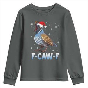 Funny F Caw F Quail Christmas Youth Sweatshirt Cartoon Quail Bird Santa Hat Poultry Humor TS11 Dark Heather Print Your Wear