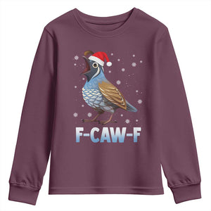 Funny F Caw F Quail Christmas Youth Sweatshirt Cartoon Quail Bird Santa Hat Poultry Humor TS11 Maroon Print Your Wear