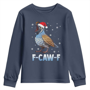 Funny F Caw F Quail Christmas Youth Sweatshirt Cartoon Quail Bird Santa Hat Poultry Humor TS11 Navy Print Your Wear