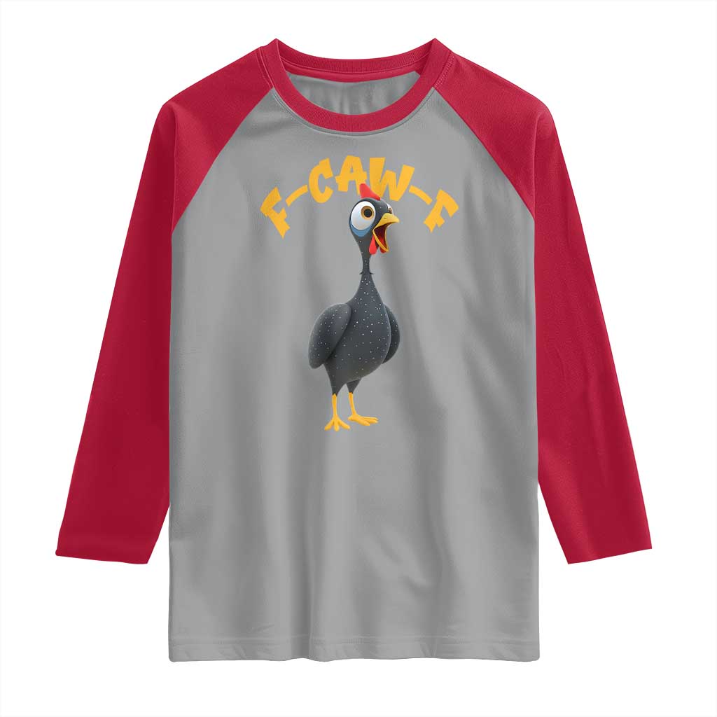 Funny F Caw F Guinea Fowl Raglan Shirt Cartoon Guinea Bird Poultry Humor TS11 Sport Gray Red Print Your Wear